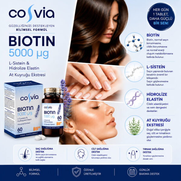 COSVIA Biotin 5000 Mcg, At Kuyruğu Ekstresi İçeren Gıda Takviyesi
